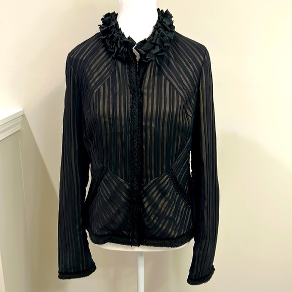 Elie Tahari Vintage Ruffle Trimmed Silk Blazer w/ Pockets- Sheer Overlay- Medium - Picture 1 of 3